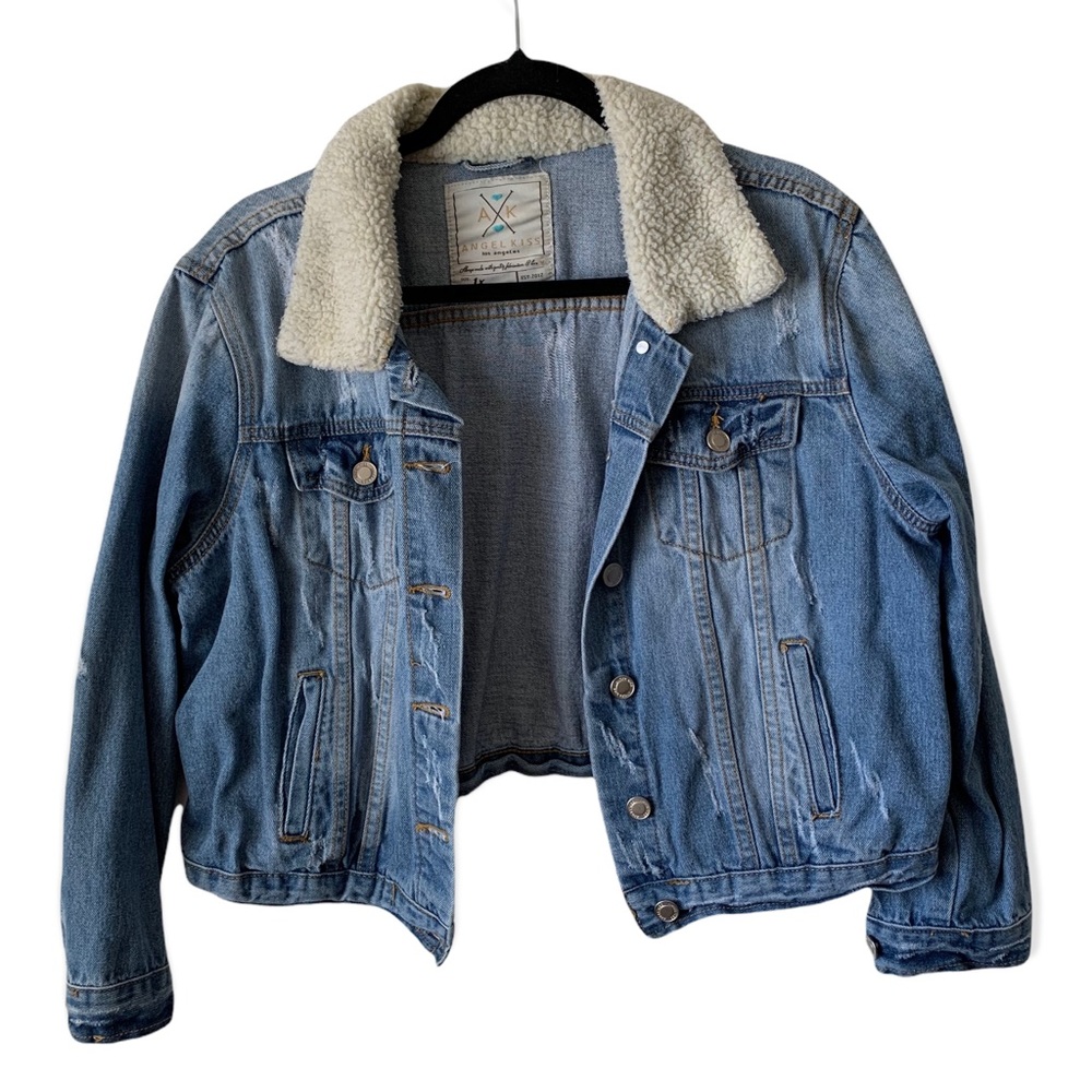 2 toned blue washed faded distressed denim jean Sherpa jacket cropped